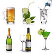 Beverages collage with beer, cocktails, champagne, wine, water