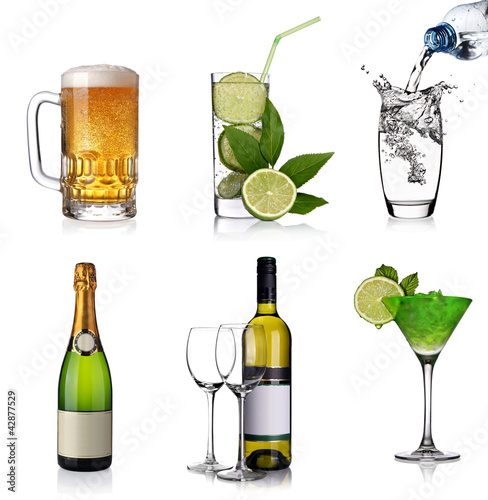 Photo: Beverages collage with beer, cocktails, champagne, wine, water Beverages collage with beer, cocktails, champagne, wine, water