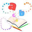 Magic of learning/ Open book with colorful stars and letters
