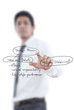 Businessman pushing strategic planning on the whiteboard.
