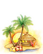 Illustration: Watercolor illustration of the tropical beach Watercolor illustration of the tropical beach