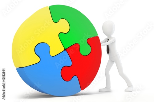 Illustration: 3d man pushing a round puzzle 3d man pushing a round puzzle