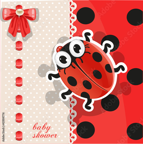 Vector: Delicate red baby shower card with cute ladybug Delicate red baby shower card with cute ladybug