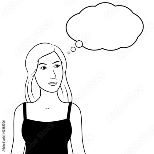 Vector: Pensive thinking woman & bubble. Black & white line art. EPS8. Pensive thinking woman & bubble. Black & white line art. EPS8.