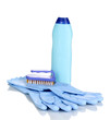 Detergent with gloves and brush isolated on white