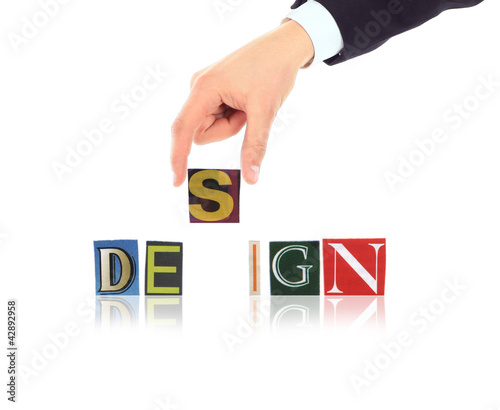 Photo: Hand and word Design isolated on white background Hand and word Design isolated on white background