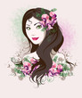 Vector: Decorative background with woman face and sweet pea flowers. Decorative background with woman face and sweet pea flowers.