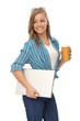 Happy girl with coffee and laptop