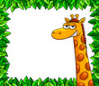 cartoon giraffe over a frame of leaves with copy space
