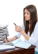 Photo: woman at office workplace with mobile cell phone mobile woman at office workplace with mobile cell phone mobile