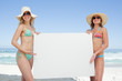 Two friends in beachwear holding a large blank poster by the sea