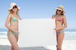 Two friends in beachwear holding a large white poster by the sea