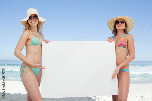 Photo: Two friends in beachwear holding a large blank poster by the sea Two friends in beachwear holding a large blank poster by the sea