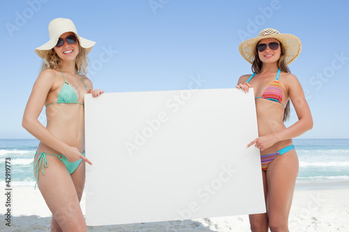 Photo: Two women in beach gear holding a blank poster by the sea Two women in beach gear holding a blank poster by the sea