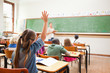 Back view of elementary school student raising hand