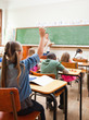 Back view of elementary school student raising hand during lesson