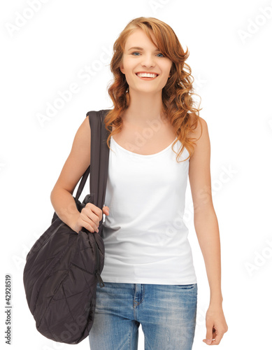 Photo: teenage girl in blank white t-shirt with bag teenage girl in blank white t-shirt with bag