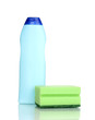 Dishwashing liquid and sponge isolated on white