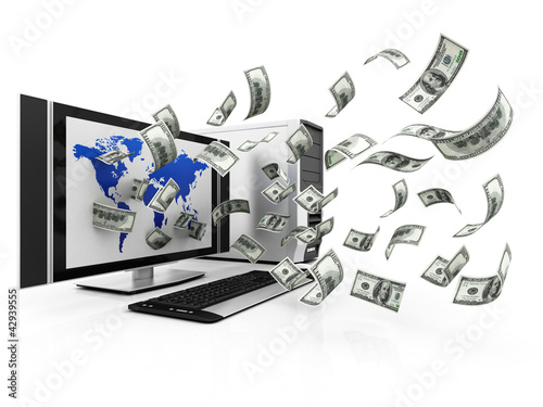 Illustration: Laptop and flying cash, earning money concept Laptop and flying cash, earning money concept