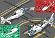 Vector: isometric white helicopter landed in two position isometric white helicopter landed in two position