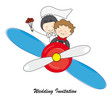 Tarjeta invitación boda. Novios volando en avioneta