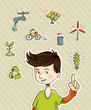Vector: Go green teenager shows eco friendly icons Go green teenager shows eco friendly icons