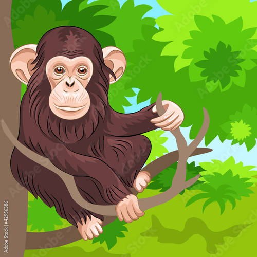 Vektor: vector of funny monkey chimp in the jungle vector of funny monkey chimp in the jungle