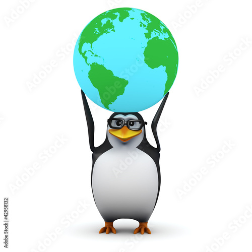 Illustration: 3d Penguin in glasses holds a globe on his head 3d Penguin in glasses holds a globe on his head