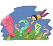 Boy flying over punctuation sign building