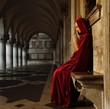 Woman in red cloak praying alone