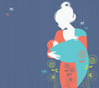 Beautiful mother silhouette with baby in a sling and floral back