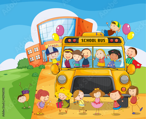 Vector: school school bus and kids school school bus and kids