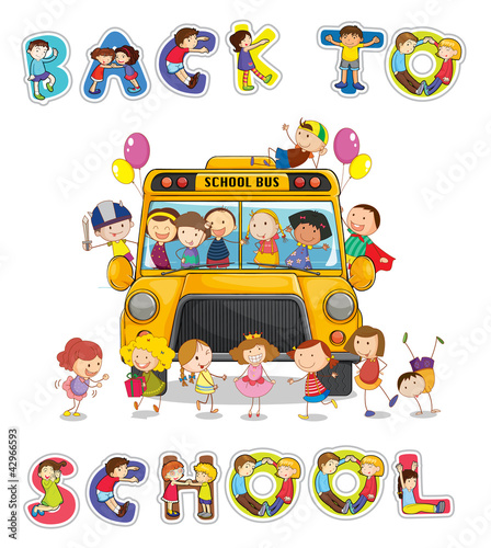 Vektor: school bus and english word back to school school bus and english word back to school