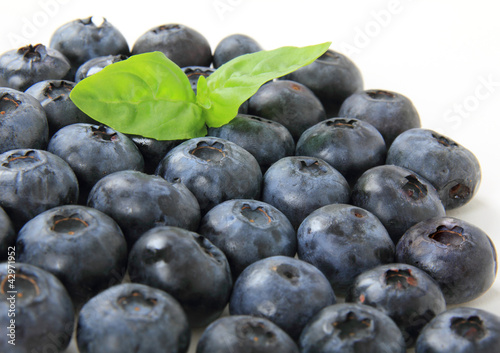 Photo: Blueberries with leaves on white background. Blueberries with leaves on white background.