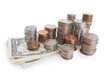 Stacks of Coins on One Dollar Bills