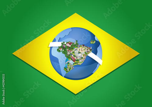 Vector: Flag of Brazil with world map. Cities of Brazil. Flag of Brazil with world map. Cities of Brazil.