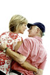 Back shot of an old couple having eye contact 