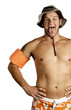 Shirtless man sticking out his tongue