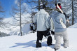 Rear view of couple walking away from camera, holding winter sport equipments