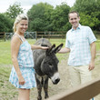 Man and woman patting a donkey in the farm