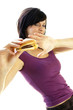 A lady refraining herself from eating a cheese burger