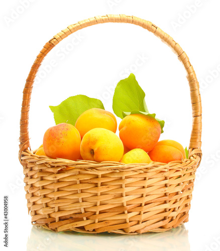 Photo: ripe apricots with green leaves in basket isolated on white ripe apricots with green leaves in basket isolated on white