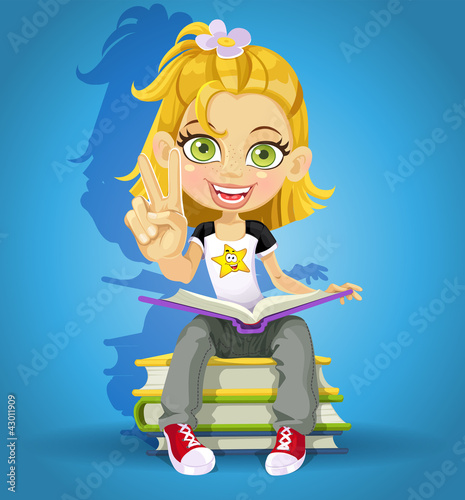 Vektor: schoolgirl read on a pile of books and makes the sign of peace schoolgirl read on a pile of books and makes the sign of peace