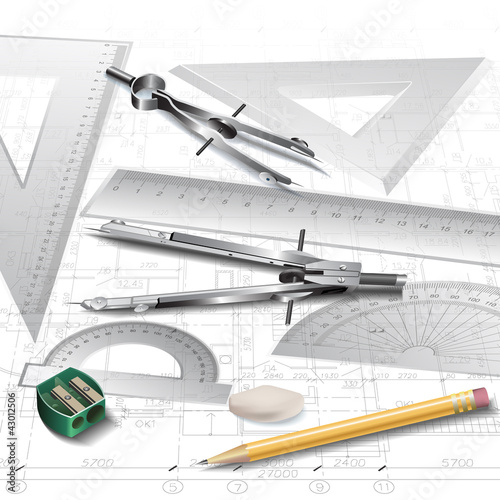 Illustration: Set of Architectural Drawing Tools, isolated on white Set of Architectural Drawing Tools, isolated on white