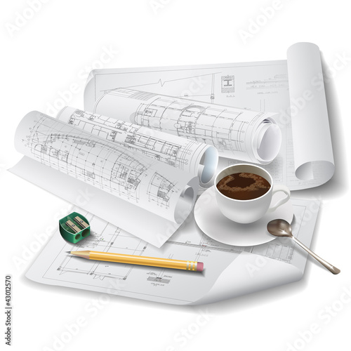 Illustration: Architectural background with rolls of drawings Architectural background with rolls of drawings