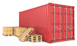 Illustrazione: Red Cargo Container, pallets and cardboard boxes. Red Cargo Container, pallets and cardboard boxes.