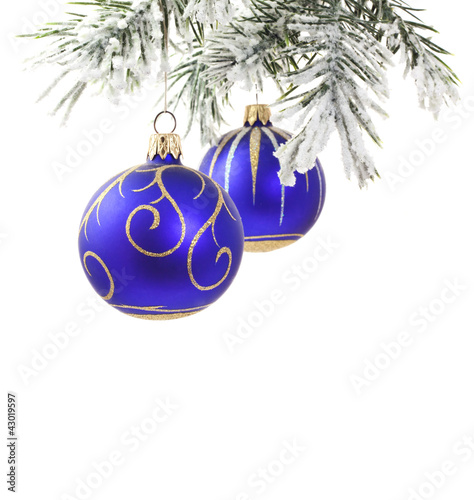 Photo: Christmas blue baubles and tree with snowflakes isolated Christmas blue baubles and tree with snowflakes isolated
