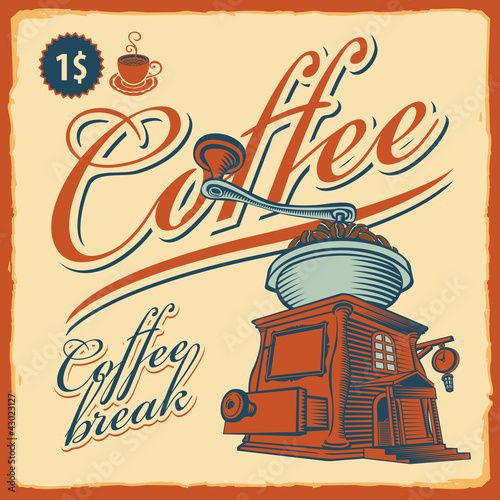 Vector: retro banner with the coffee grinder - cafe retro banner with the coffee grinder - cafe