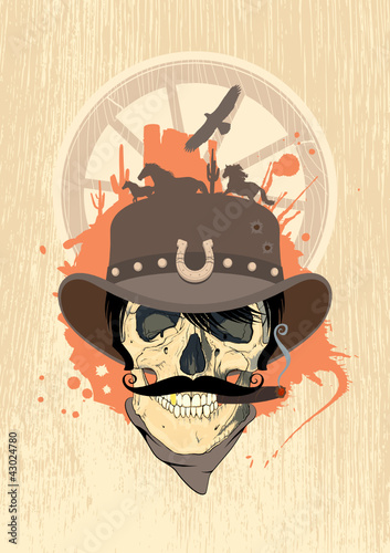 Vektor: West design template with cowboy skull West design template with cowboy skull