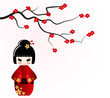 Vector: Kokeshi doll under sakura branch Kokeshi doll under sakura branch
